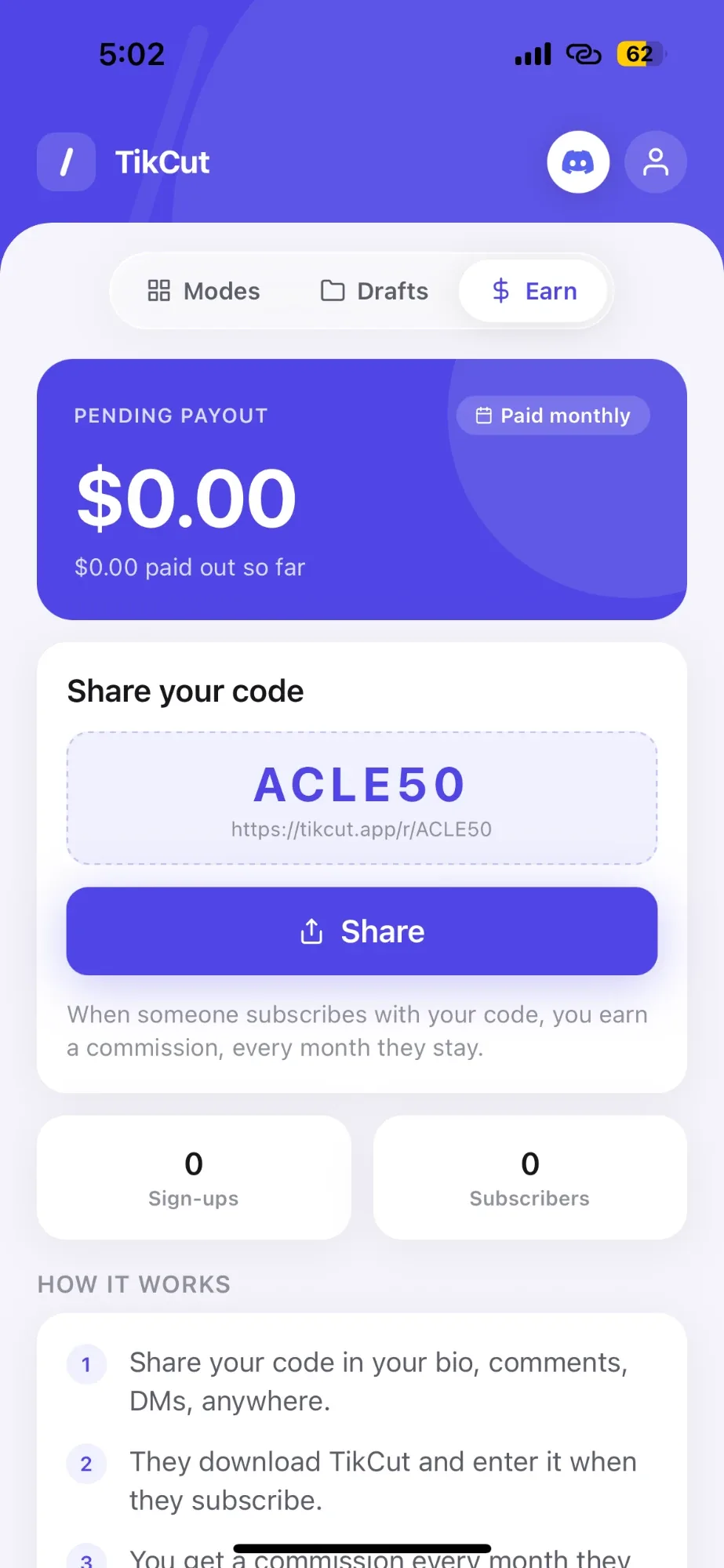 TikCut Earn dashboard — your personal code, pending payout, sign-ups and subscribers
