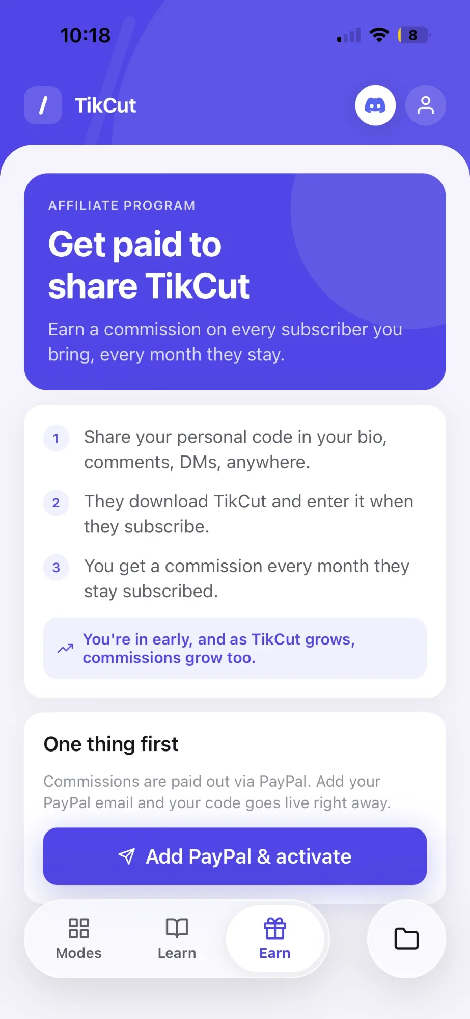 TikCut Earn tab — get paid to share TikCut, add PayPal and activate