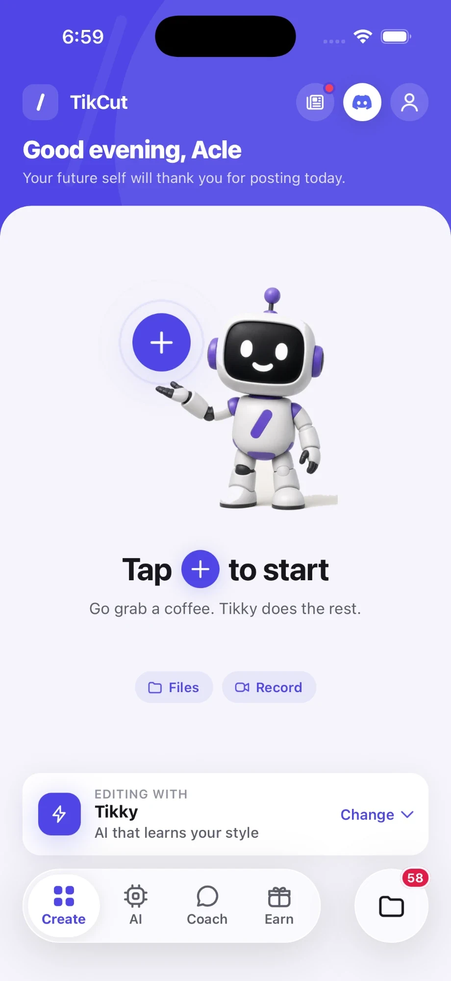 Tikky, your personal AI editor, on the TikCut home screen